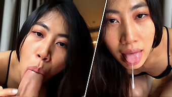 Pov 4k Video Van Een Amateur Aziatisch Meisje Dat Een Blowjob Geeft En Zaad Slikt