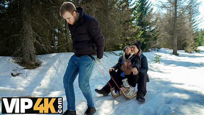 European Daddy And Young Babe'S Christmas Sled Ride