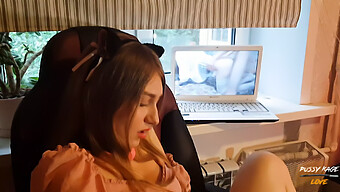 A Young Woman Indulges In Solo Pleasure While Watching Her Own Explicit Video, Featuring Rough Sex And Gagging