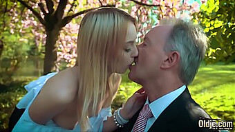 A Young Blonde Woman Engages In Intense Sexual Activity With An Older Man, Including Deepthroating Him And Taking His Ejaculation Into Her Mouth